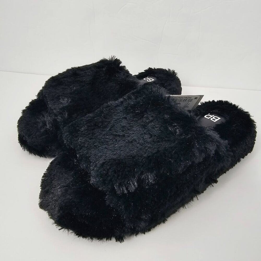 BP Fawn Slippers Black Faux Fur Cozy Comfort Slide  Size L 9/10 NWT